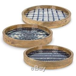 15.75 In Mango Wood Serving Tray Assorted Indigo Tie Dye Patterns Kitchen 3 Set