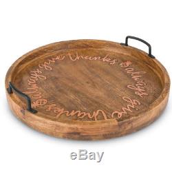 18-Inch, Round Mango Wood Serving Tray with Copper Inlay Message and Metal Handles