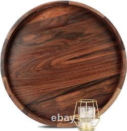 18 Inches Large round Black Walnut Wood Ottoman Tray with Handles, Serve Tea, Co