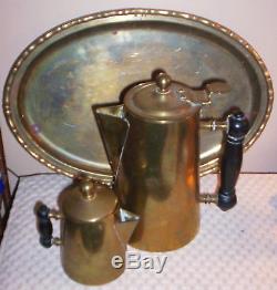 1942 Blake Brass Coffee Pot & Creamer withWood Handles + Brass Serving Tray(India)