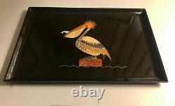 1950 Original COUROC MONTEREY Signed Pelican Inlaid Wood & Brass Tray with Label