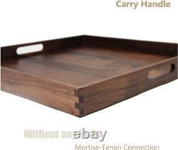 19 X 19 Inches Large Square Black Walnut Wood Ottoman Tray with Handles, Serve T