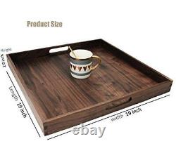19 x 19 Inches Large Square Black Wood Ottoman Tray with Handles, Serve Walnut