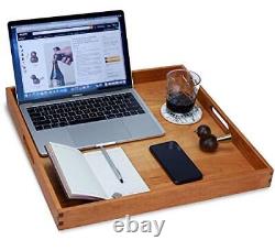 19 x 19 Inches Large Square Cherry Wood Ottoman Tray with Handles, Serve Tea