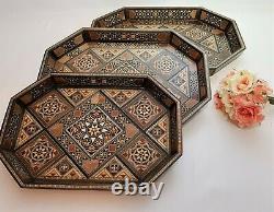 1Handmade wooden tray set, 3 Pieces, inlaid with different kinds of fruit woods