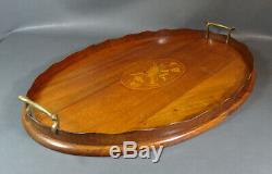 22Large Antique Italian Marquetry Inlay Wood Wooden Serving Tray Bronze Handles