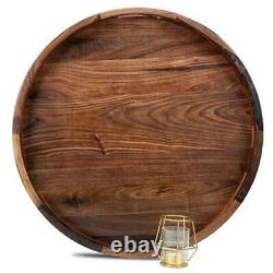 22 Inches Extra Large Round Black Walnut Wood Ottoman Tray with Handles, Serve