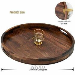22 Inches Extra Large Round Black Walnut Wood Ottoman Tray with Handles, Serve