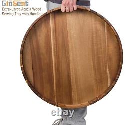 22 Inches Extra Large Round Serving Tray with Handles, Oversized Wooden