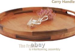 22 Inches Large round Cherry Wood Ottoman Tray with Handles, Serve Tea, Coffee o
