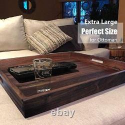 22 x 22 Inches Large Square Black Walnut Wood Ottoman Tray with Handle