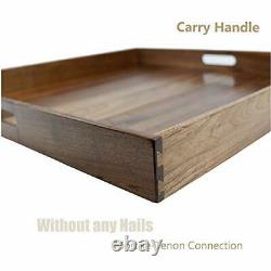 22 x 22 Inches Large Square Black Walnut Wood Ottoman Tray with Handles, Serve