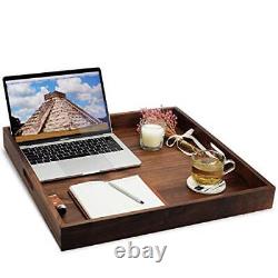 22 x 22 Inches Large Square Black Wood Ottoman Tray with Handles, Serve Walnut