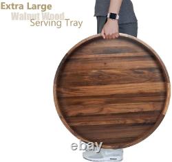 24 Inches Extra Large round Black Walnut Wood Ottoman Tray with Handles, Serve T