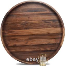 24 Inches Extra Large round Black Walnut Wood Ottoman Tray with Handles, Serve T