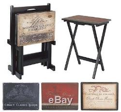 25 In. H Four Tuscan Multi Wood Wine TV Trays and One Stand Rich Vintage Decor