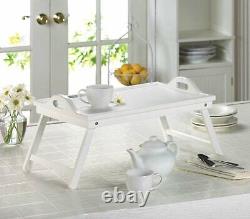 2 White Wood Serving Tray with Handles Folding Legs Breakfast Tray Tea Display