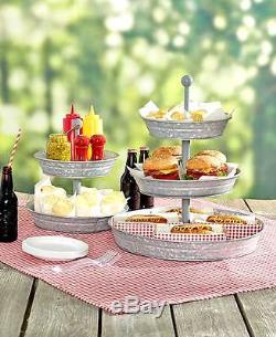 2 or 3 Tier Galvanized Serving Tray or Caddy Outdoor Holiday Party Snack Stand