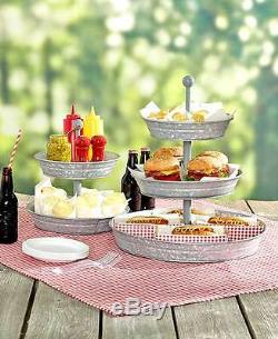 2 or 3 Tier Galvanized Serving Tray or Utensil Caddy Farmhouse Party Snack Stand