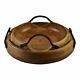 2 x Solid Wooden Bowls with Metal Handles Round Serving Trays Decorative Set UK