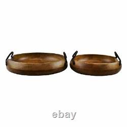 2 x Solid Wooden Bowls with Metal Handles Round Serving Trays Decorative Set UK