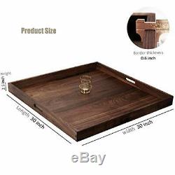 30 x 30 Inches Large Square Black Walnut Wood Ottoman Tray with Handles, Serve