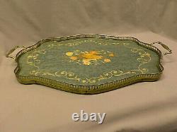 3363M Vtg Italy Marquetry 23 Serving Tray Inlaid Wood withBrass Railing AQUA TOP