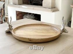 33cm Mango Wood Round Stag Head Decorative Tray Rustic Wooden Plate Home Decor
