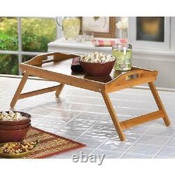 3 Bamboo Wood Serving Tray with Handles Folding Legs Breakfast Tray Tea Display