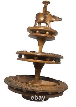 3 Tier Carved Monkey Pod WATER BUFFALO Lazy Susan Serving Wood Tray Complete