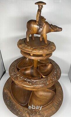 3 Tier Carved Monkey Pod WATER BUFFALO Lazy Susan Serving Wood Tray Complete
