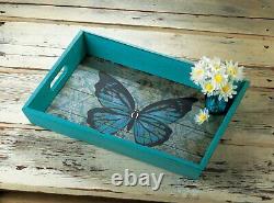 4 Bold Blue Butterfly Wood Serving Tray with Handles Breakfast Tray Tea Display