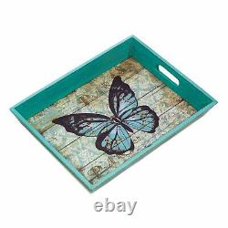 4 Bold Blue Butterfly Wood Serving Tray with Handles Breakfast Tray Tea Display