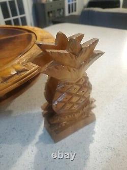 4-Tier Pineapple Tiki Hand Carved Wood Lazy Susan Serving tray Napkin Holder