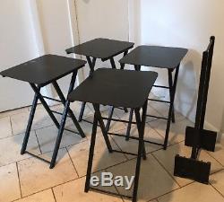 4 Vintage Artex Wood Folding Tables Black Breakfast TV Trays Set Eagle In Stand