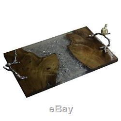 AB Home Solid Teak Wood Serving Tray Resin Design with Aluminum Branch Handles
