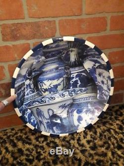 ANNIE MODICA IMARI Blue & White HUGE Wood Serving 15 BOWL Chinese Vase NEW RARE