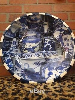 ANNIE MODICA IMARI Blue & White HUGE Wood Serving 15 BOWL Chinese Vase NEW RARE
