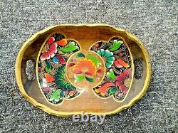 ANTIQUE CARVED WOOD 15 X 11 HANDLED SERVING TRAY HAND PAINTED FLOWERS ts17j