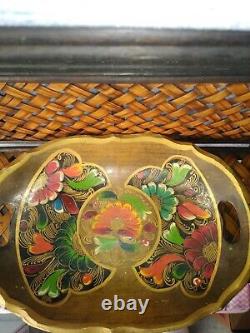 ANTIQUE CARVED WOOD 15 X 11 HANDLED SERVING TRAY HAND PAINTED FLOWERS ts17j