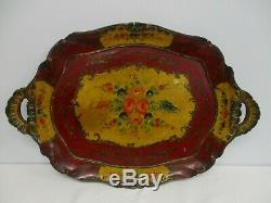 ANTIQUE CARVED WOOD 26 X 18 HANDLED SERVING TRAY w HAND PAINTED FLOWERS