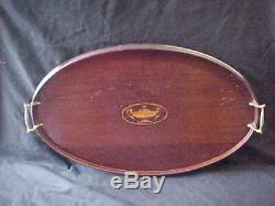 ANTIQUE FEDERAL INLAID OVAL MAHOGANY SERVING TRAY w BRASS HANDLES