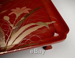 ANTIQUE JAPANESE RED LACQUER SERVING TRAY 1800s Exquisite Meiji Gold Maki-e