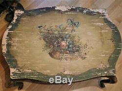 ANTIQUE SIDE TABLE WITH SERVING TRAY HAND PAINTING WORK FLORENCE ITALY 35 x 25