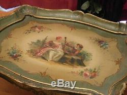 ANTIQUE SIDE TABLE WITH SERVING TRAY HAND PAINTING WORK FLORENCE ITALY 35 x 25