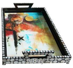 Abstract Elegance Decoupage Black Large Lacquer Tray with Seashell sequin inlay