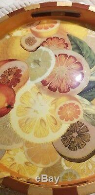 Annie Modica Orange Citrus Fruit Lemon Wood Serving ROUND Tray Art Bar Decor NEW