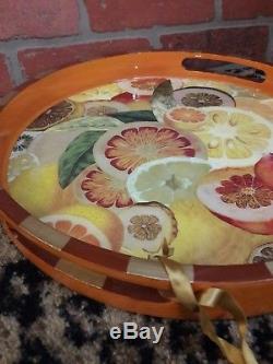 Annie Modica Orange Citrus Fruit Lemon Wood Serving ROUND Tray Art Bar Decor NEW