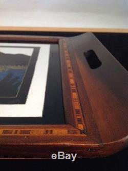 Antique 1945 Wood Serving Tray Hand Made, Inlaid, Reverse Glass Painting