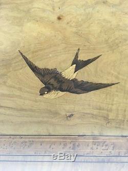 Antique 19th Century Italian Swallow Bird Inlay Marquetry Wood Serving Tray